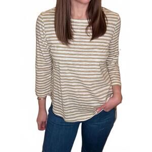 NEW MULTIPLES striped 3/4 sleeve round neck top in taupe